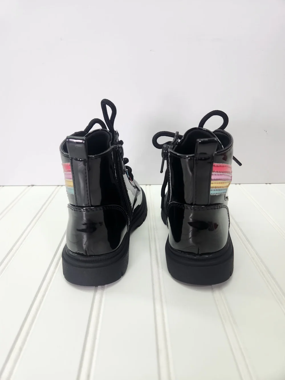 Sugar Black Patent Lace-Up Boots with Rainbow Star & Cloud Details